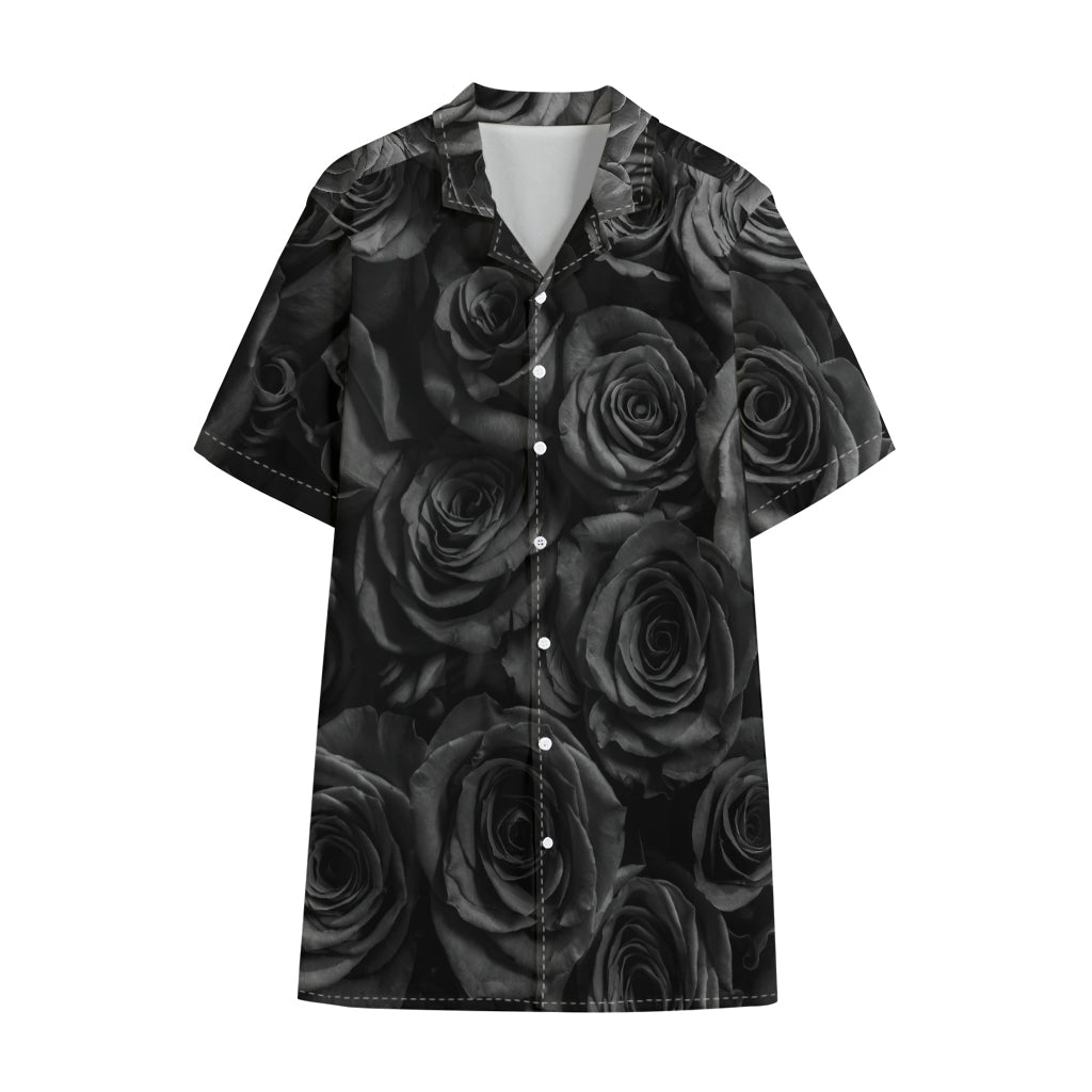 Black Rose Print Cotton Hawaiian Shirt