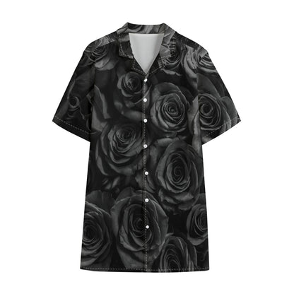 Black Rose Print Cotton Hawaiian Shirt