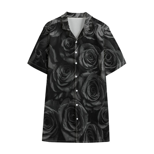 Black Rose Print Cotton Hawaiian Shirt