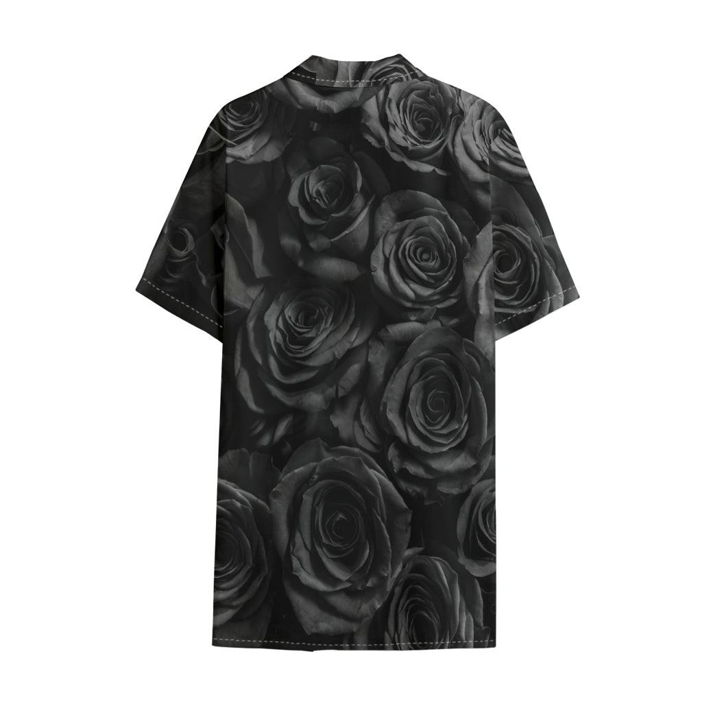 Black Rose Print Cotton Hawaiian Shirt