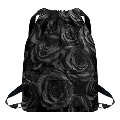 Black Rose Print Drawstring Backpack