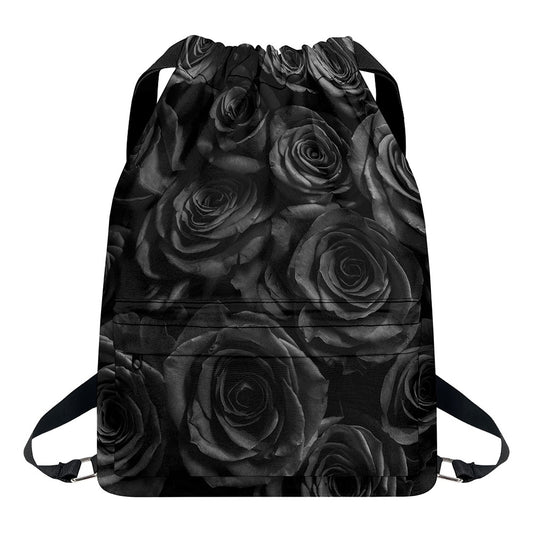 Black Rose Print Drawstring Backpack