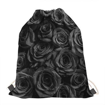 Black Rose Print Drawstring Bag