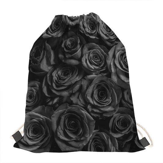 Black Rose Print Drawstring Bag