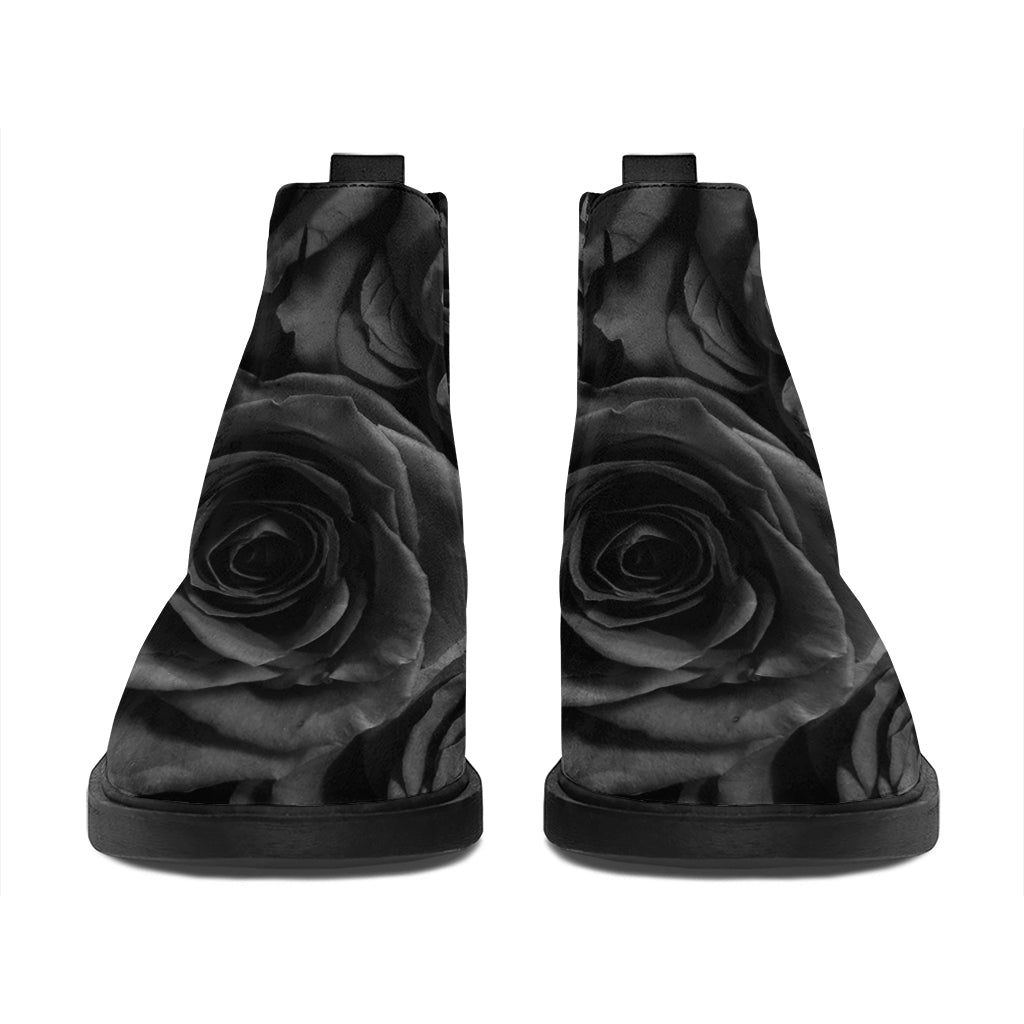 Black Rose Print Flat Ankle Boots