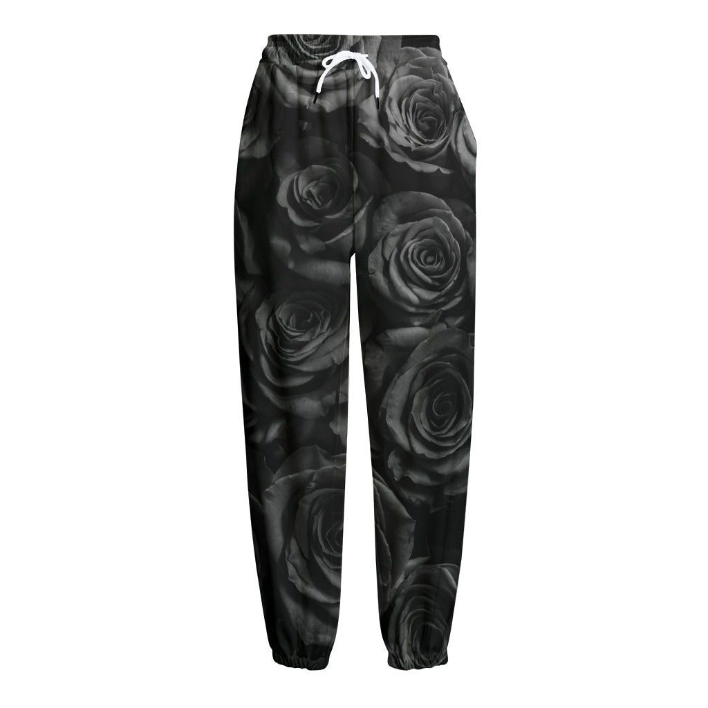 Black Rose Print Fleece Lined Knit Pants