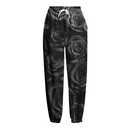 Black Rose Print Fleece Lined Knit Pants