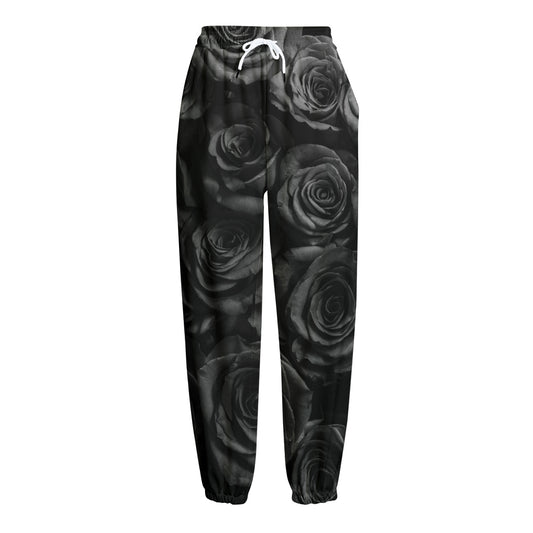 Black Rose Print Fleece Lined Knit Pants