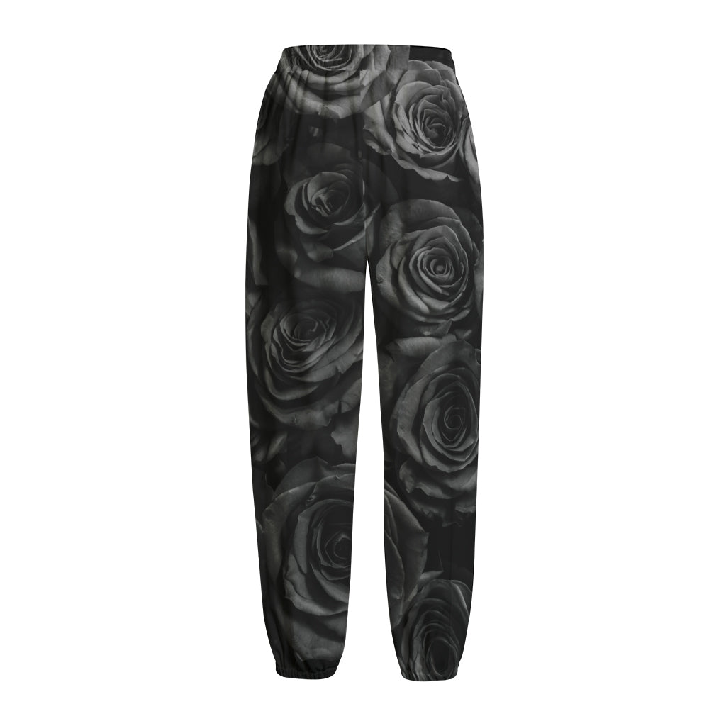 Black Rose Print Fleece Lined Knit Pants