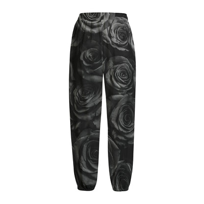 Black Rose Print Fleece Lined Knit Pants