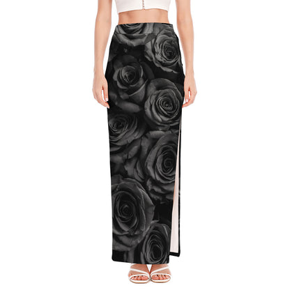 Black Rose Print High Slit Maxi Skirt