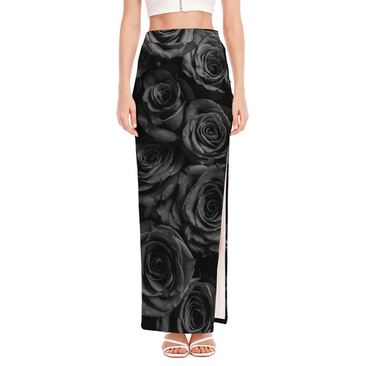 Black Rose Print High Slit Maxi Skirt