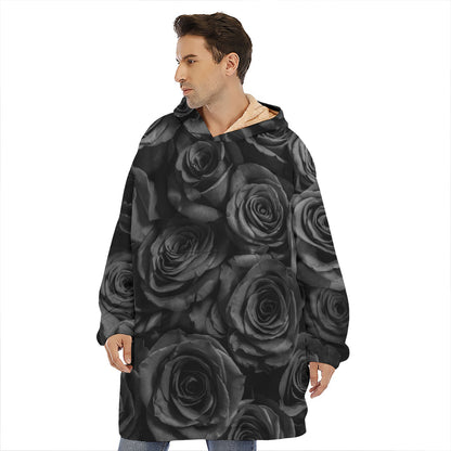 Black Rose Print Hoodie Blanket