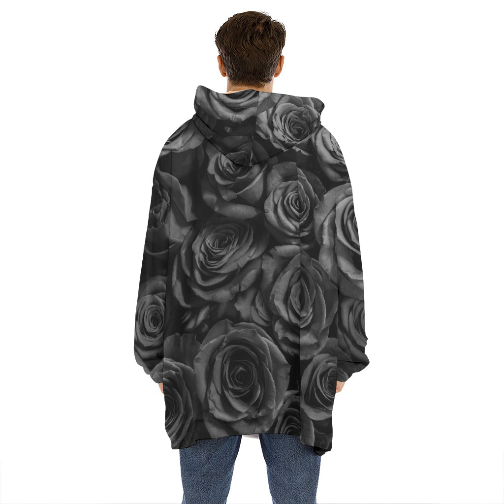 Black Rose Print Hoodie Blanket