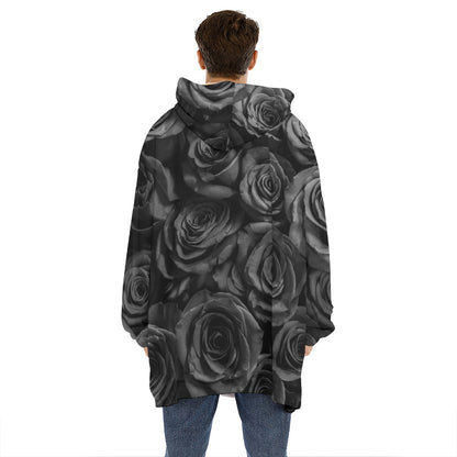 Black Rose Print Hoodie Blanket