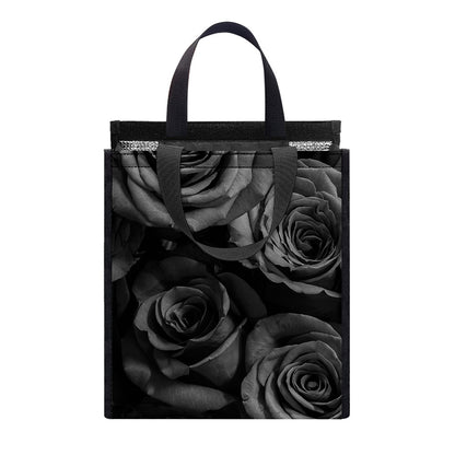Black Rose Print Insulated Lunch Tote