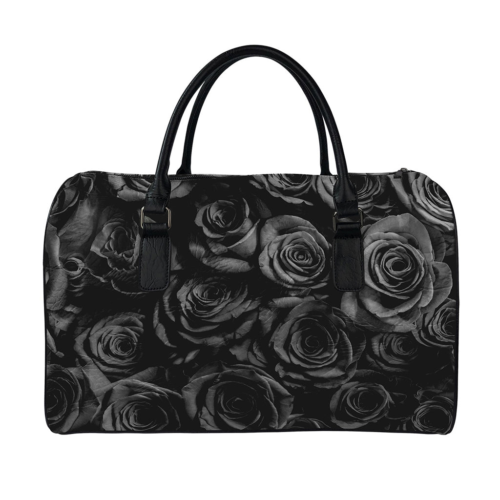 Black Rose Print Leather Duffle Bag