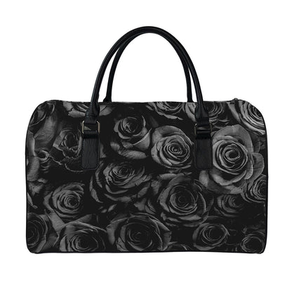 Black Rose Print Leather Duffle Bag