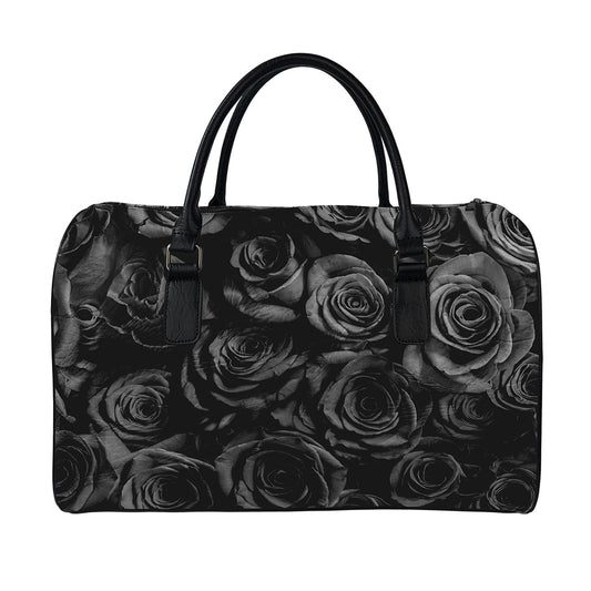 Black Rose Print Leather Duffle Bag