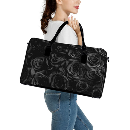 Black Rose Print Leather Duffle Bag