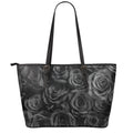 Black Rose Print Leather Tote Bag With Zipper