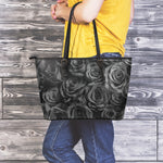 Black Rose Print Leather Tote Bag