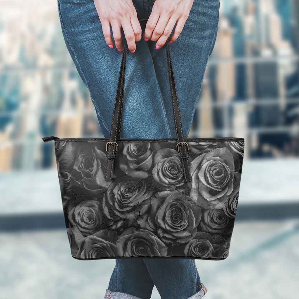 Black Rose Print Leather Tote Bag