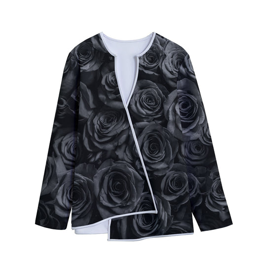 Black Rose Print Long Sleeve Short Coat