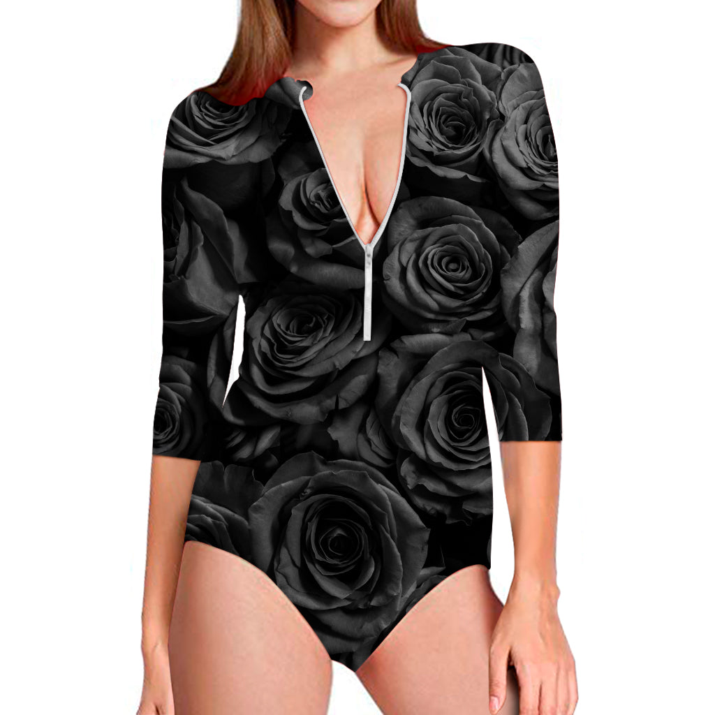 Black Rose Print Long Sleeve Swimsuit