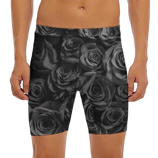 Black Rose Print Men's Long Boxer Briefs