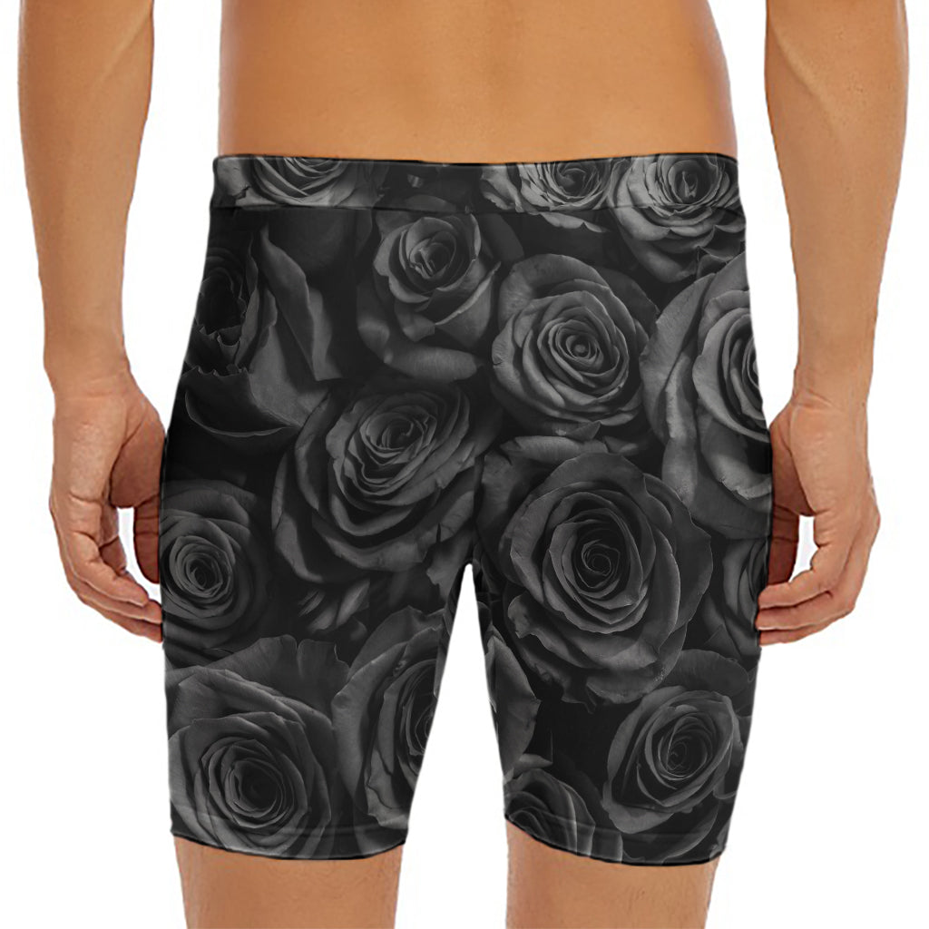 Black Rose Print Men's Long Boxer Briefs