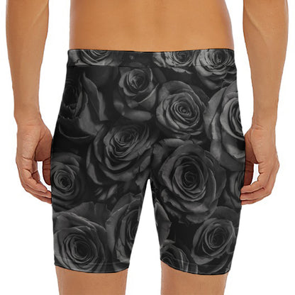 Black Rose Print Men's Long Boxer Briefs