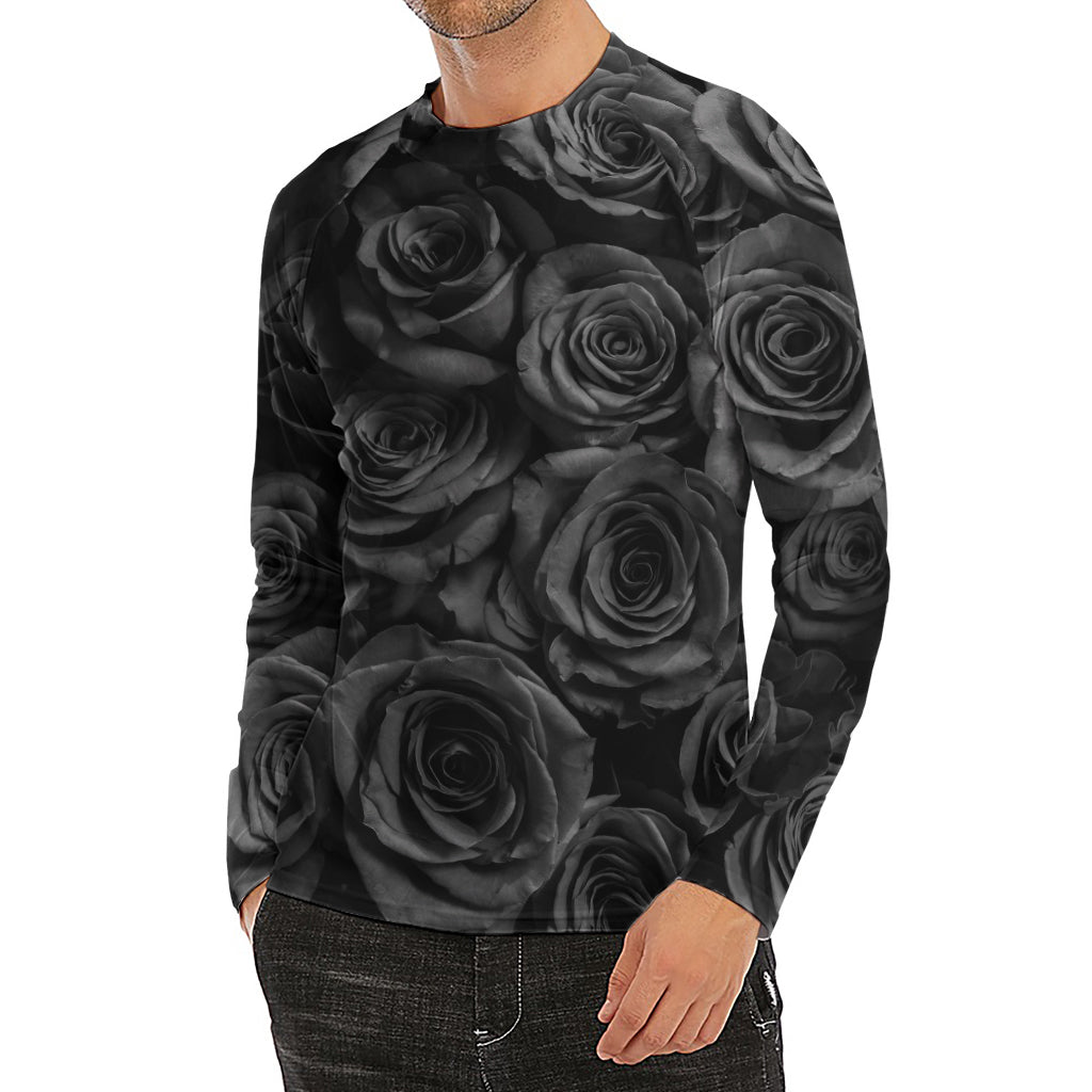 Black Rose Print Men's Long Sleeve Rash Guard