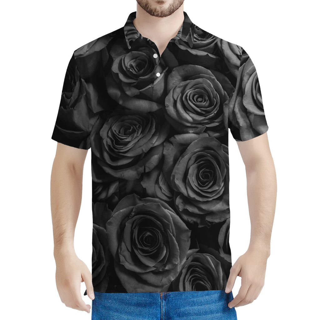 Black Rose Print Men's Polo Shirt