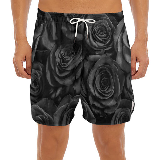 Black Rose Print Men's Split Running Shorts