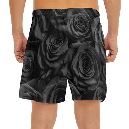 Black Rose Print Men's Split Running Shorts