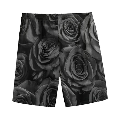 Black Rose Print Men's Sports Shorts