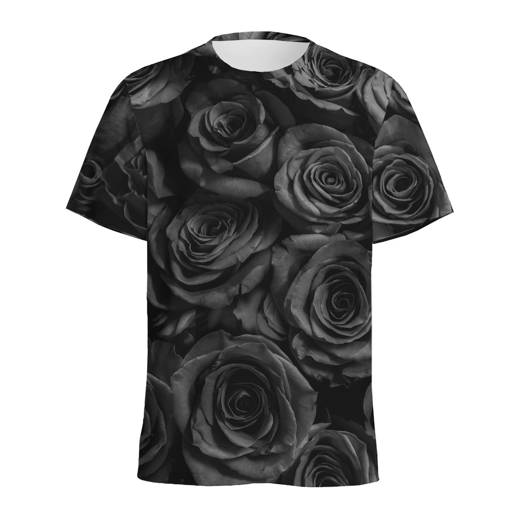 Black Rose Print Men's Sports T-Shirt