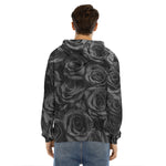 Black Rose Print Men's Velvet Pullover Hoodie