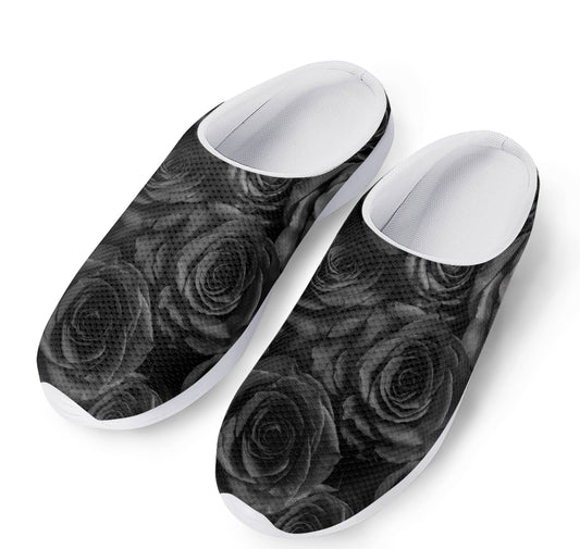 Black Rose Print Mesh Casual Shoes