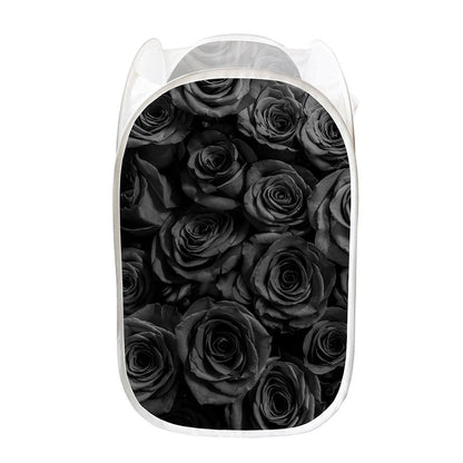 Black Rose Print Mesh Laundry Hamper