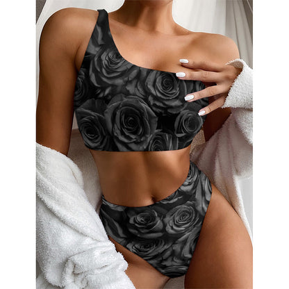 Black Rose Print One Shoulder Bikini Top
