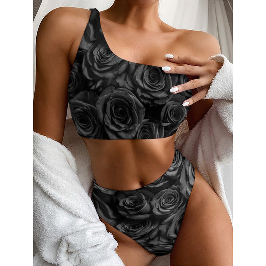 Black Rose Print One Shoulder Bikini Top