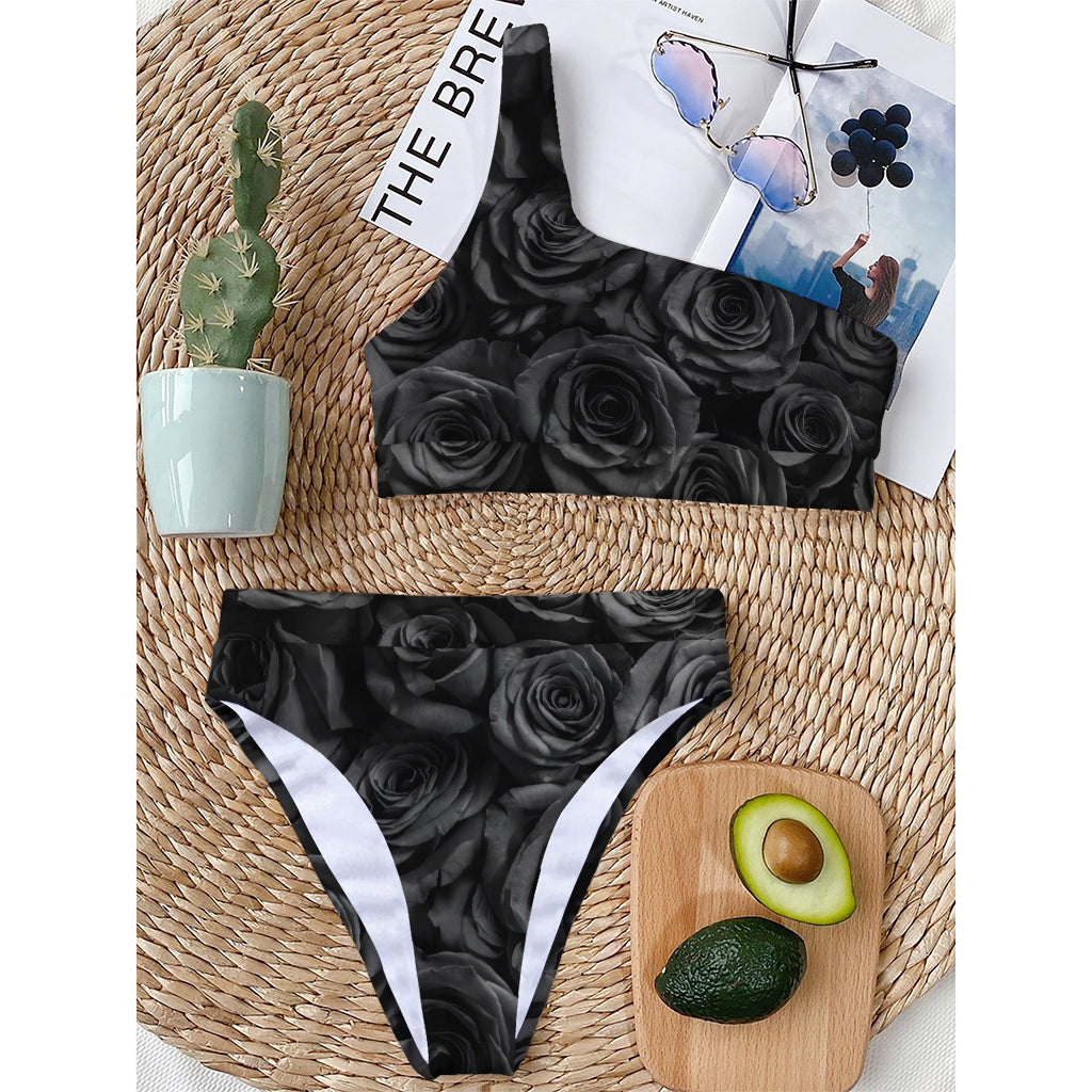 Black Rose Print One Shoulder Bikini Top