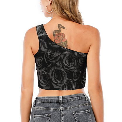 Black Rose Print One Shoulder Crop Top