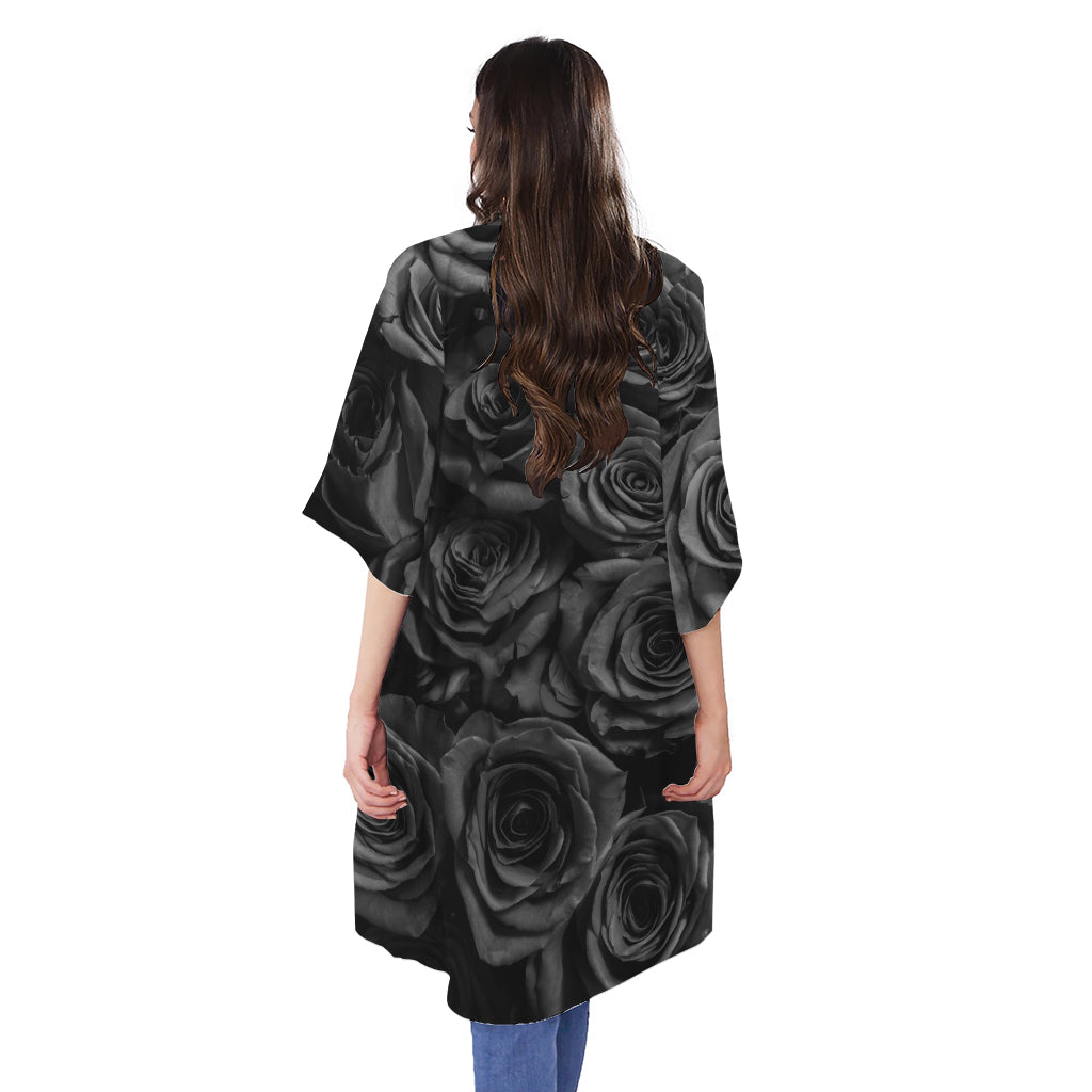 Black Rose Print Open Front Beach Cover Up