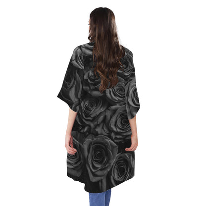 Black Rose Print Open Front Beach Cover Up