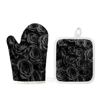 Black Rose Print Oven Mitt And Pot Holder Set