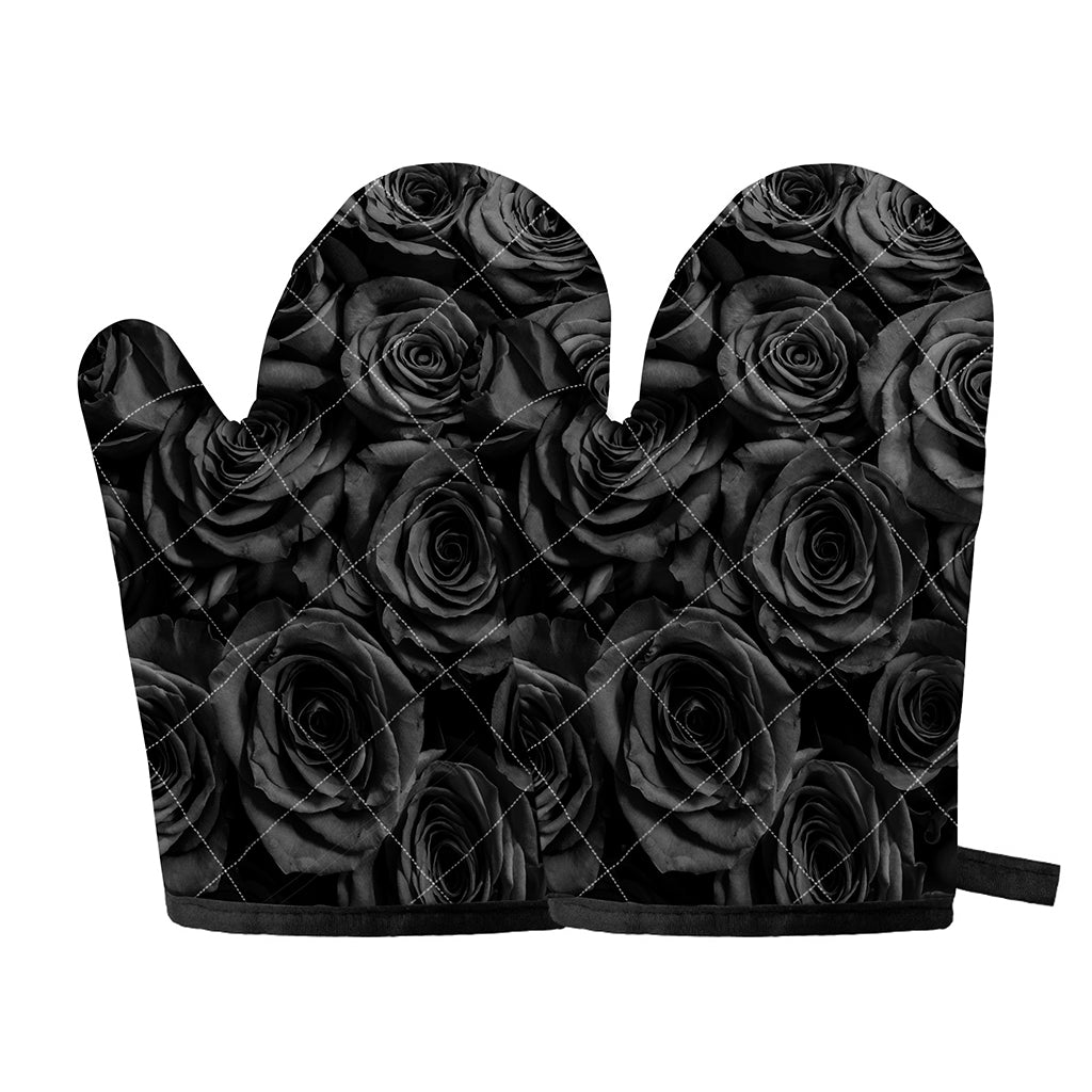 Black Rose Print Oven Mitts