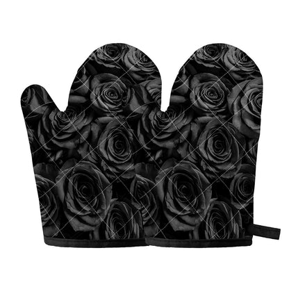 Black Rose Print Oven Mitts
